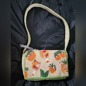 NWT Handcrafted In India Beige & Aperol Spritz Themed Shoulder Purse Green Trim
